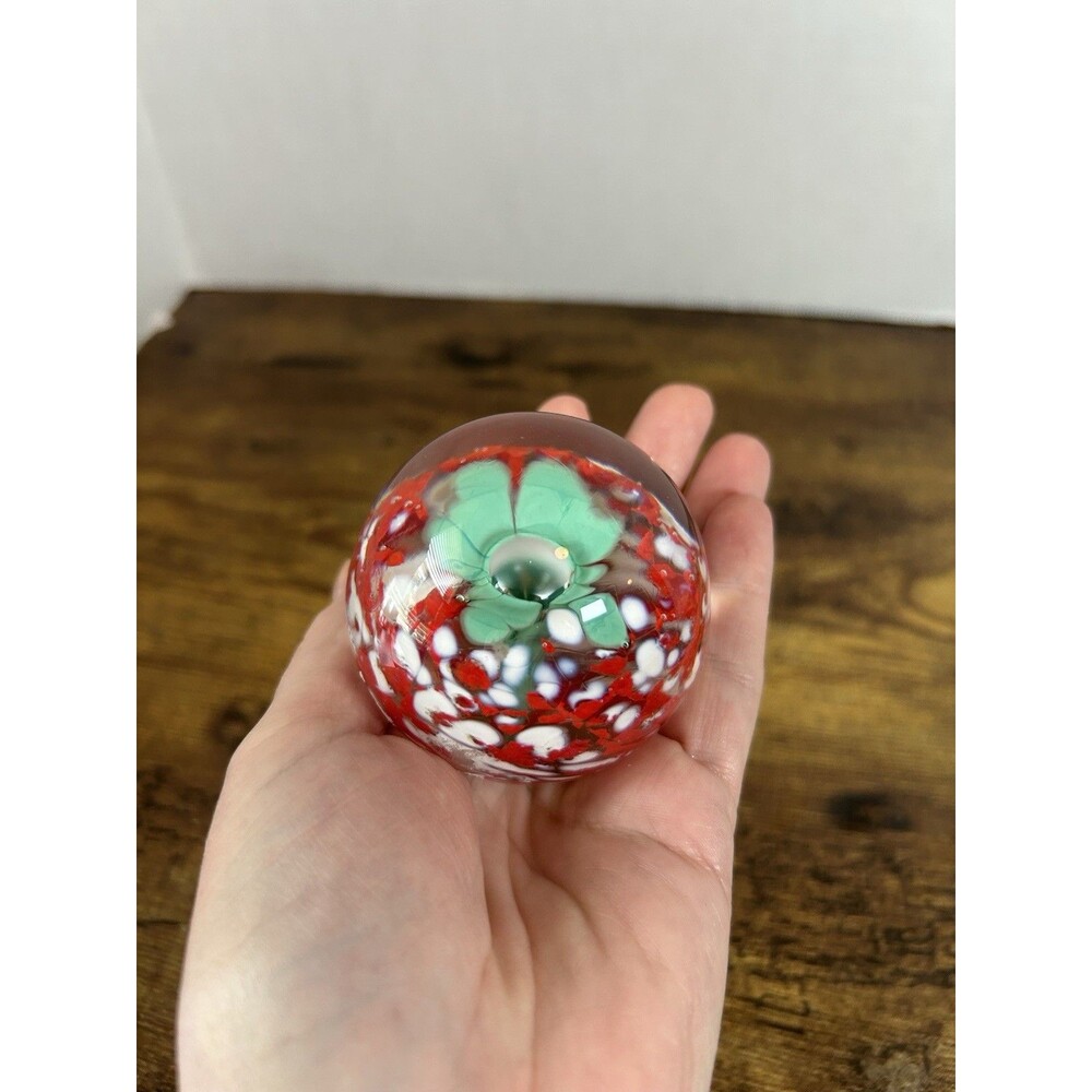 Vintage Art Glass Paperweight Floral Millefiori Red White Green Flower Orb Ball - Picture 4 of 10